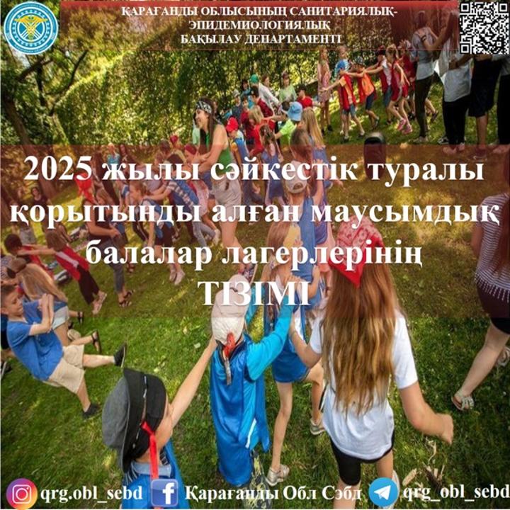 2025 жылы санитариялық-эпидемиологиялық қорытынды алған Қарағанды облысының қаладан тыс маусымдық балалар лагерлерінің ТІЗБЕСІ (2025 жылғы 9 шілдедегі жағдай бойынша)