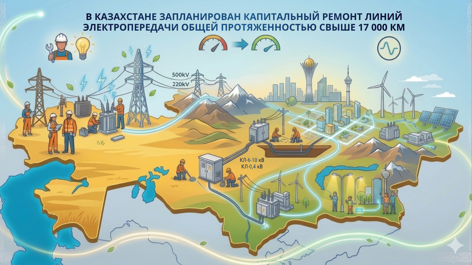 В Казахстане запланирован капитальный ремонт линий электропередачи общей протяженностью свыше 17 тысяч километров